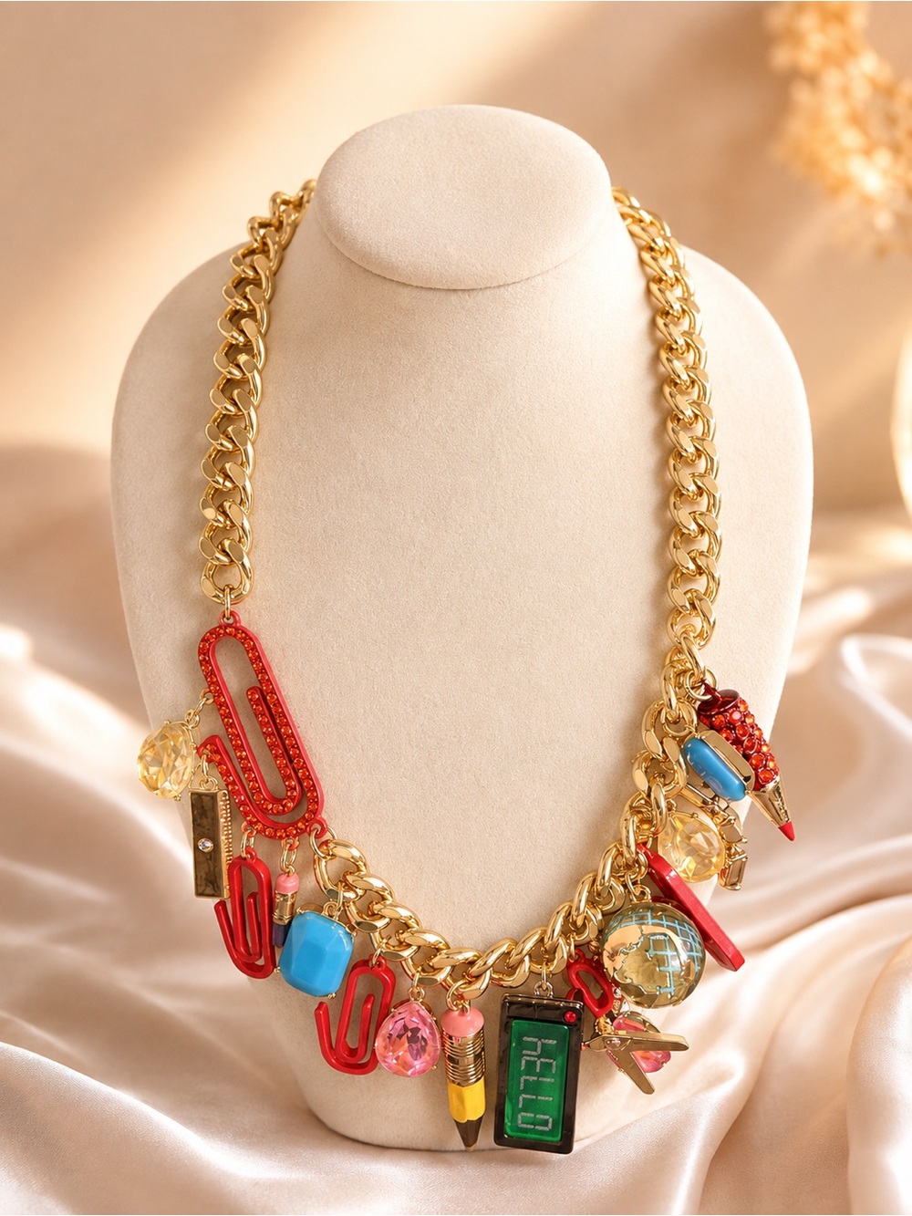 Betsey Johnson Gold Chain Charm Necklace with Red, Blue, Pink and Yellow Accents